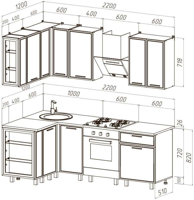 Модульная кухня Бьянка 1,2х2,2м, Крафт золотой/Олива софт