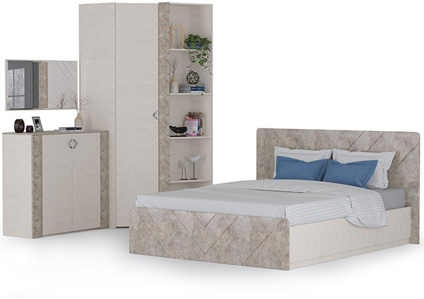 Амели Спальня № 9 Комод 13.107 + Зеркало + Шкафы 13.140 + 13.131 + Кровать 11.31 + под. ортопед, цвет шёлк. камень/бетон чикаго беж, 1600х2000 мм, б/м