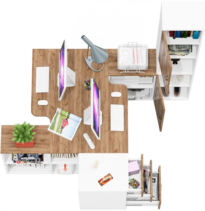 Лидер-8 Стол + Стол + Пенал + Тумба МД 3.16, цвет белый шагрень/крафт золото, ШхГхВ 410х50/30х75/190 см. или 230х50/160х75/190 см., НЕ универс. сборка