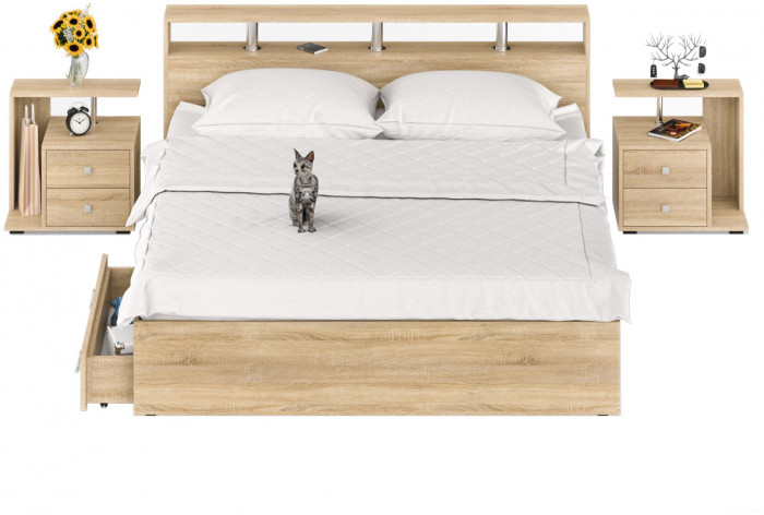 Камелия Кровать с ящиками 1800 + две тумбы, дуб сонома