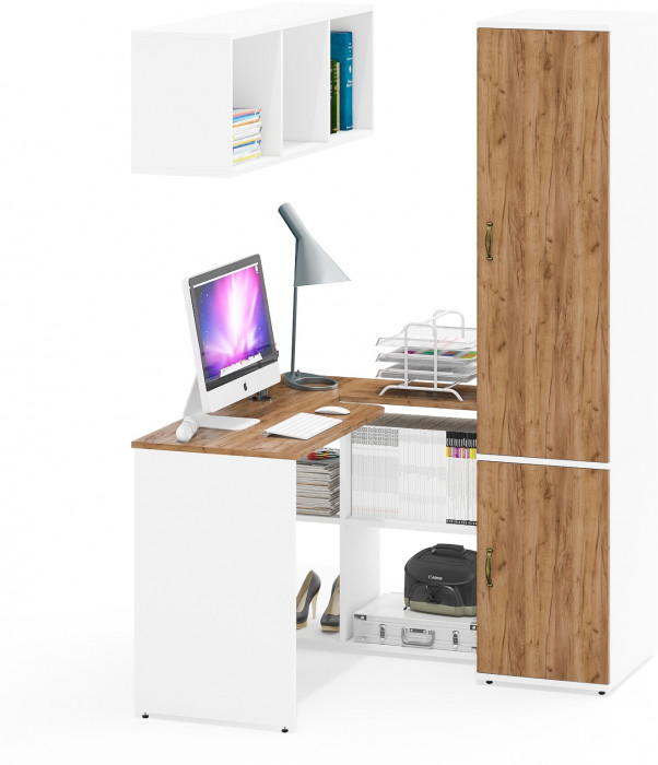 Лидер-8 Стол + Полка + Пенал МД 23Б, белый шагрень/крафт золото