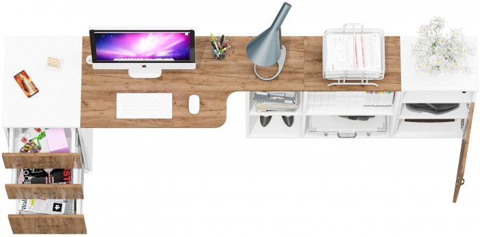 Лидер-8 Стол + Тумба МД 3.16 + Тумба МД 3.19, белый шагрень/крафт золото