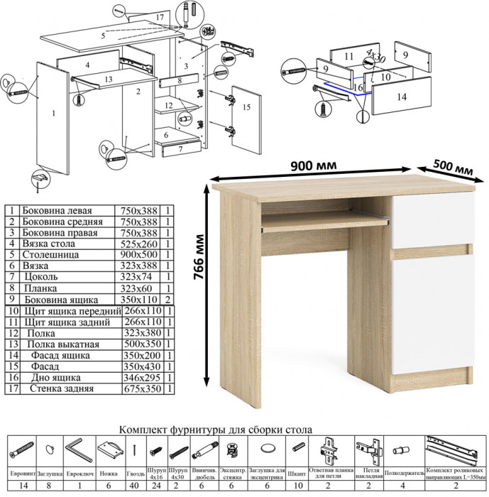 Мори компьютерный стол МС-1 правый + Комод МК800.1, дуб сонома/белый