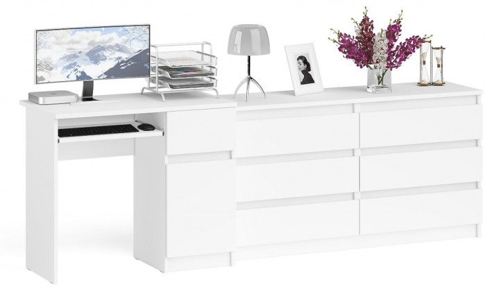 Мори Стол компьютерный МС-1 правый + Комод МК1380.6, цвет белый, ШхГхВ 228х50х76,6 см., выдвижной ящик справа, НЕ универсальная сборка