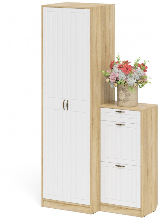 Прихожая П-6 Компоновка № 16, цвет дуб сонома/фасады МДФ белое дерево фрезеровка прованс, ШхГхВ 110х50х210 см., универсальная сборка