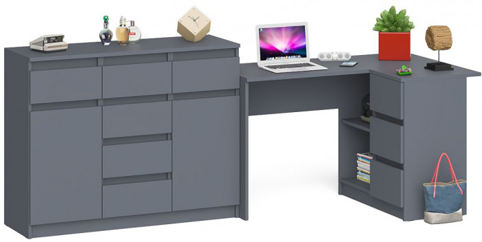 Мори Стол компьютерный МС-16 правый + Комод МК1200.4, цвет графит, ШхГхВ 244,8х84,9х94 см., выдвижные ящики справа, НЕ универсальная сборка