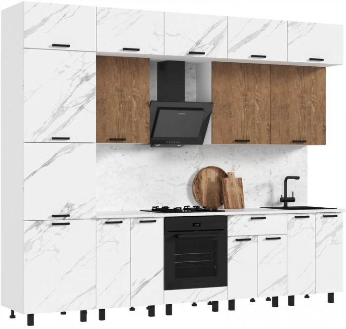 Кухня Техно 3,0/1080м Компоновка №6, Белый/Мрамор белый/Экзотическое дерево Амазония (Антарес)