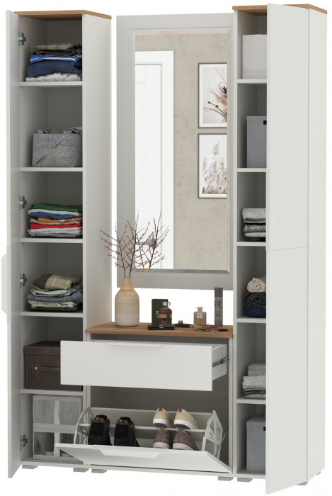 Октава Прихожая 43, белый шагрень/дуб крафт золотой/фасады МДФ белый шагрень