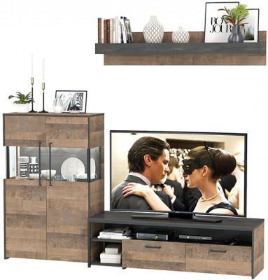 Трувор 13.70 Тумба под ТВ + 13.306 Комод с витриной + 15.60 Полка, дуб гранж песочный/интра