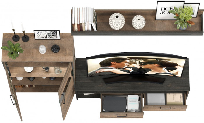 Трувор 13.70 Тумба под ТВ + 13.306 Комод с витриной + 15.60 Полка, дуб гранж песочный/интра