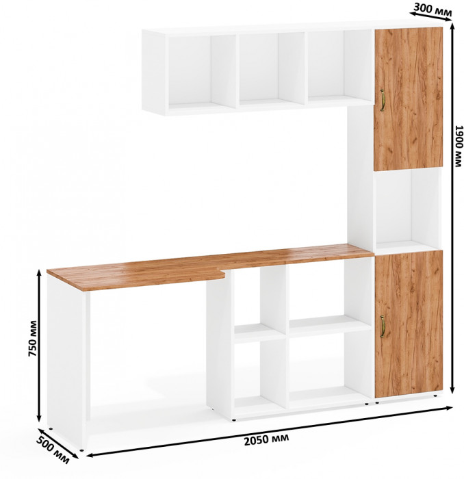 Лидер-8 Стол + Полка + Пенал, белый шагрень/крафт золото