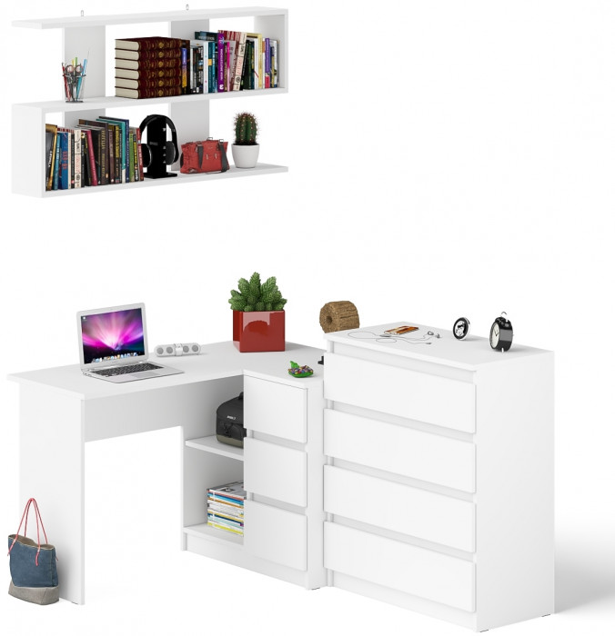 Мори компьютерный стол МС-16 правый + Комод МК800.4 + Полка 1200, белый