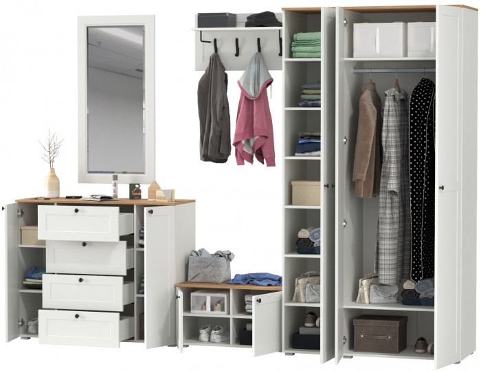 Остин Прихожая 55, цвет белый шагрень/дуб крафт золотой, ШхГхВ 320х54,3х229,6 см., универсальная сборка