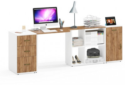 Лидер-8 Стол + Тумба МД 3.15 + Тумба МД 3.16, белый шагрень/крафт золото