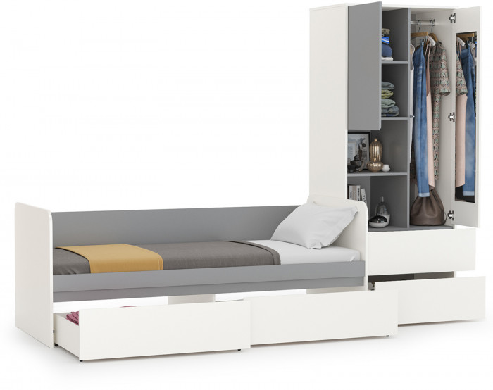 Торонто 11.39 Кровать + 13.333 Шкаф для одежды, цвет белый шагрень/стальной серый, ШхГхВ 274х84,4х195,7 см., сп. м. 800х1900 мм., б/м, основание есть