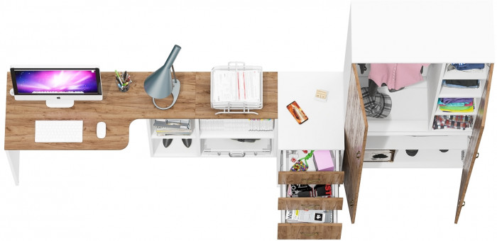 Лидер-8 Стол + Тумба МД 3.16 + Шкаф МД 20Б, белый шагрень/крафт золото