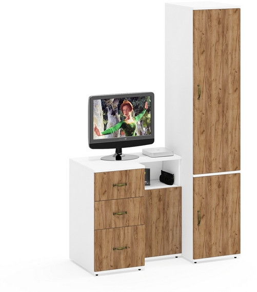 Лидер-8 Пенал МД 23Б + Тумба МД 3.16 + Тумба МД 3.19, цвет белый шагрень/крафт золото, ШхГхВ 120х50х190 см., универсальная сборка