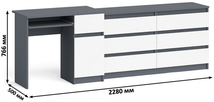 Мори Стол компьютерный МС-1 правый + Комод МК1380.6, цвет графит/белый, ШхГхВ 228х50х76,6 см., выдвижной ящик справа, НЕ универсальная сборка