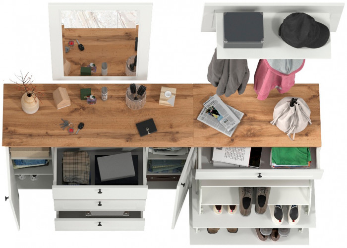 Остин Прихожая 56, цвет белый шагрень/дуб крафт золотой, ШхГхВ 200х54,3х210 см., универсальная сборка