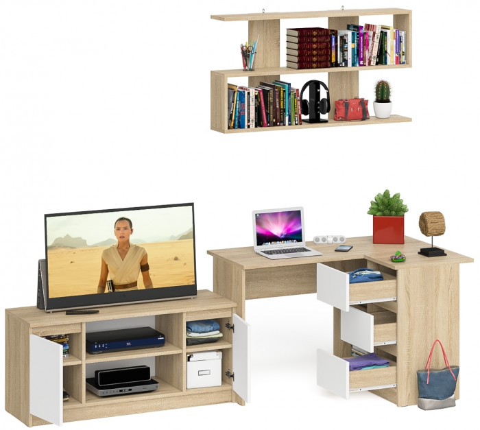 Мори компьютерный стол МС-16 правый + Тумба МТВ1200.1 + Полка 1200, дуб сонома/белый