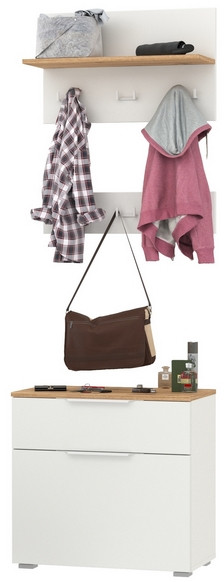 Октава 16.127 Тумба для обуви + 15.14.01 Вешалка + 15.14.02, цвет белый шагрень/дуб крафт золотой/фасады МДФ белый шагрень, ШхГхВ 64,9х35,4х197 см.