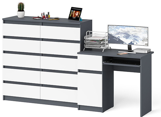 Мори компьютерный стол МС-1 левый + Комод МК1200.10, графит/белый