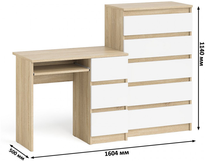 Мори Стол компьютерный МС-6 правый + Комод МК700.5, цвет дуб сонома/белый, ШхГхВ 160,4х50х114 см., выдвижные ящики справа, НЕ универсальная сборка