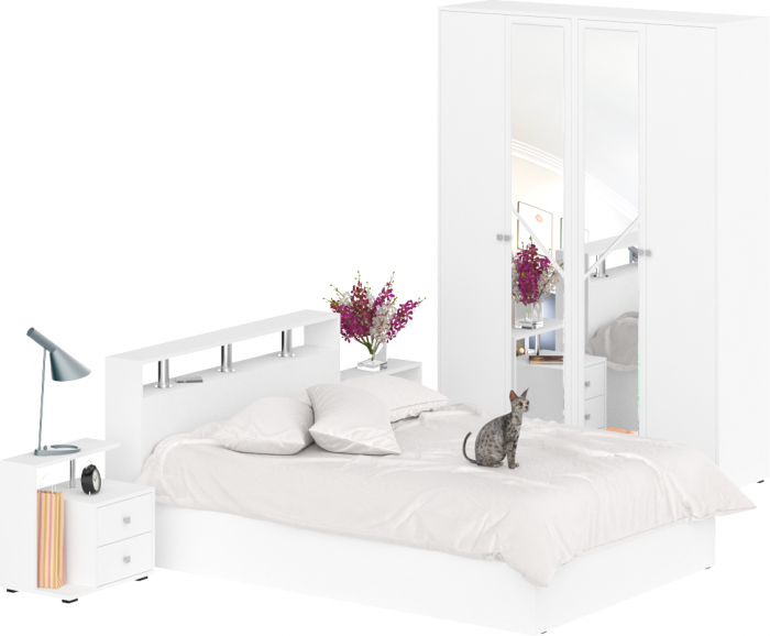 Камелия спальня № 1 Кровать 1400 + Две тумбы + Шкаф 4-х створчатый, белый