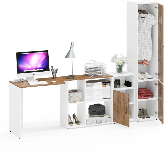 Лидер-8 Стол + Тумба МД 3.19 + Пенал МД 21Б, белый шагрень/крафт золото