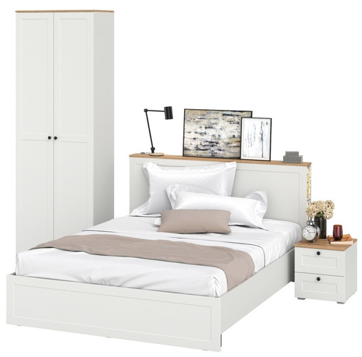 Остин 11.53 Кровать + ортопед + 16.307 Шкаф + 16.152 Тумба прикроватная, белый шагрень/дуб крафт золотой