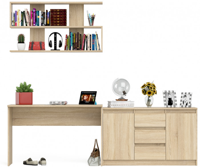 Мори Стол письменный МСП1200.1 + Комод МК1200.3 + Полка 1200, цвет дуб сонома, ШхГхВ 240,8х50х209,6 см., универсальная сборка