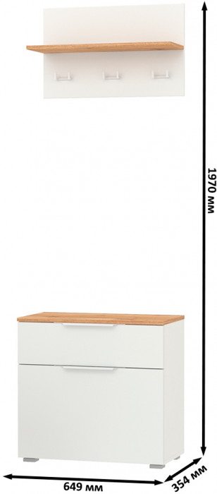 Октава 16.127 Тумба для обуви + 15.14.01 Вешалка, цвет белый шагрень/дуб крафт золотой/фасады МДФ белый шагрень, ШхГхВ 64,9х35,4х197 см.