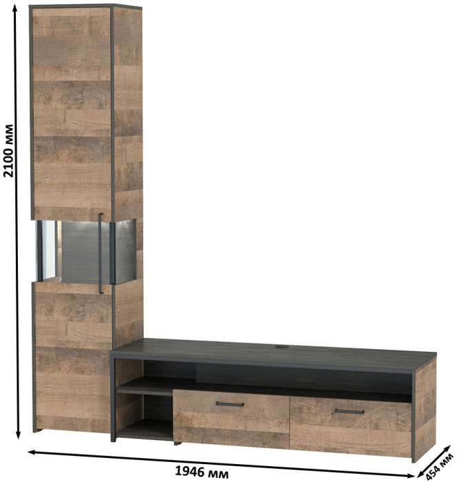 Трувор 13.70 Тумба под ТВ + 13.205 Шкаф-пенал с витриной, дуб гранж песочный/интра