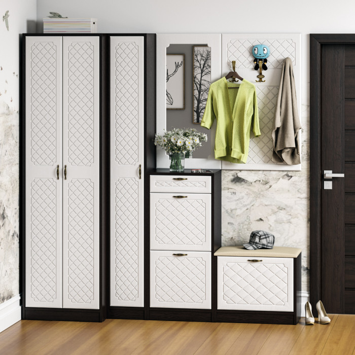 Прихожая П-6 Тумба для обуви 2 секции, цвет венге/фасады МДФ белое дерево фрезеровка ромб, ШхГхВ 50х35х108,3 см.