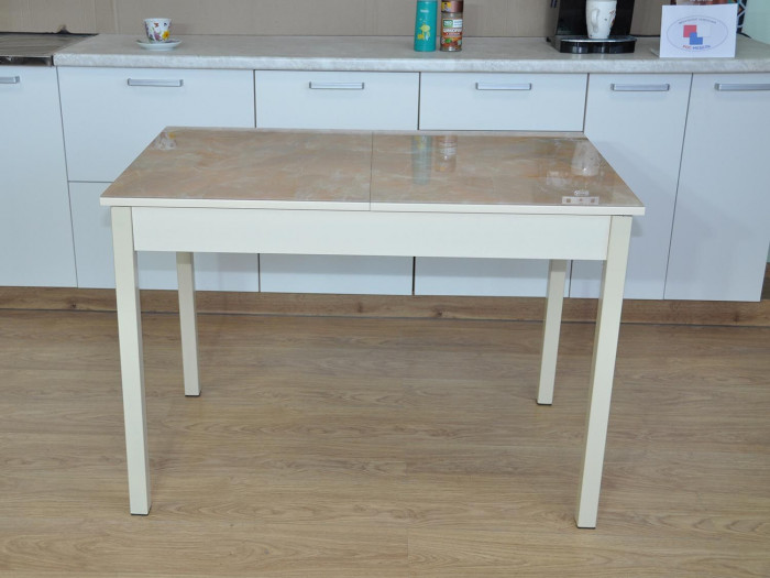 Альфа фотопечать стол обеденный раздвижной / мрамор бежевый/дуб молочный/бежевый