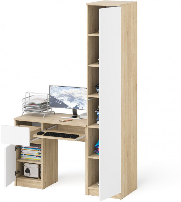Мори компьютерный стол МС-1 левый + Пенал МШ400.1, дуб сонома/белый