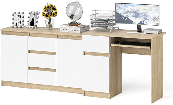 Мори Стол компьютерный МС-1 левый + Комод МК1200.3, цвет дуб сонома/белый, ШхГхВ 210,4х50х76,6 см., выдвижной ящик слева, НЕ универсальная сборка