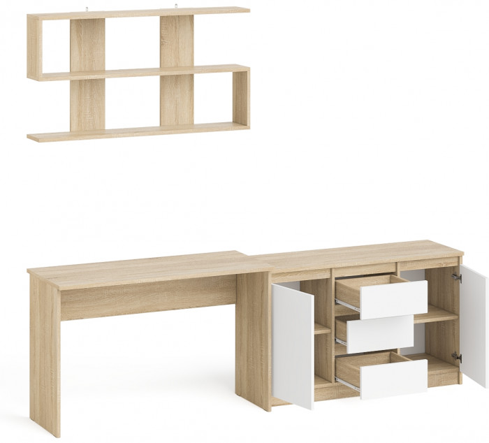 Мори Стол письменный МСП1200.1 + Комод МК1200.3 + Полка 1200, цвет дуб сонома/белый, ШхГхВ 240,8х50х209,6 см., универсальная сборка