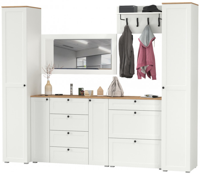 Остин Прихожая 58, цвет белый шагрень/дуб крафт золотой, ШхГхВ 280х54,3х229,6 см., универсальная сборка