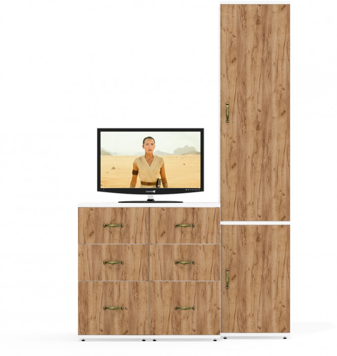 Лидер-8 Пенал МД 21Б + Тумба МД 3.16 + Тумба МД 3.16, цвет белый шагрень/крафт золото, ШхГхВ 120х50х190 см., универсальная сборка