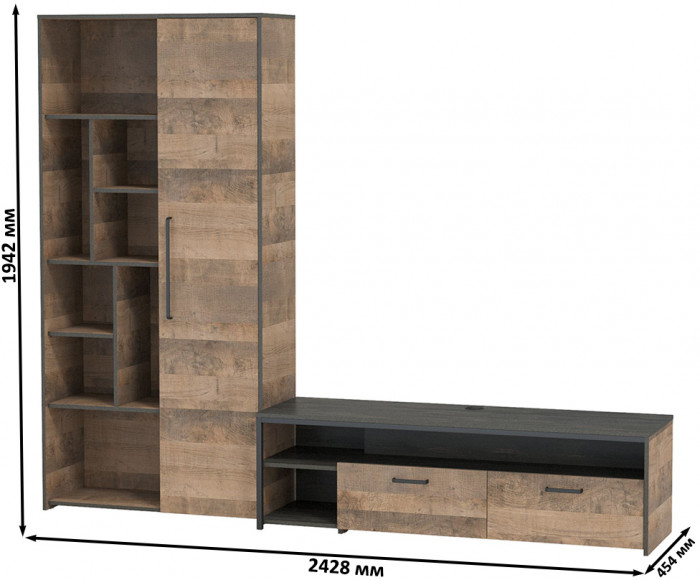 Трувор 13.70 Тумба под ТВ + 13.206 Шкаф-стеллаж, дуб гранж песочный/интра