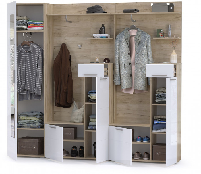 Лайн Прихожая № 03, дуб крафт серый/фасады МДФ белый глянец