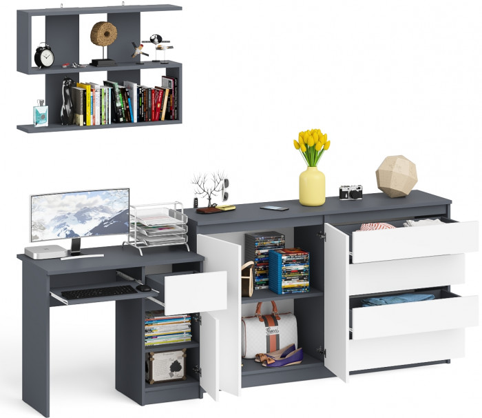 Мори Стол компьютерный МС-1 правый + Комод МК1600.1 + Полка 900, цвет графит/белый, ШхГхВ 250,4х50х209,6 см., НЕ универсальная сборка
