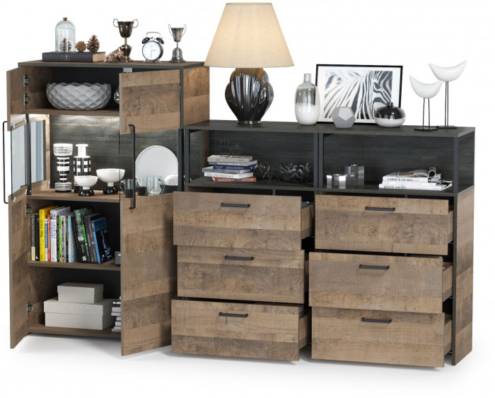 Трувор 13.306 Комод с витриной + 13.307.02 Комод с ящиками + 13.307.02 Комод с ящ., цвет дуб гранж песочный/интра, ШхГхВ 217,8х37х135,3 см., ун. сб.