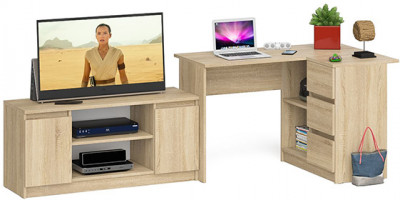 Мори компьютерный стол МС-16 правый + Тумба МТВ1200.1, дуб сонома