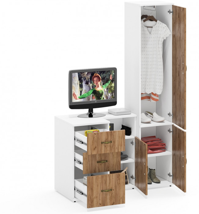 Лидер-8 Пенал МД 21Б + Тумба МД 3.16 + Тумба МД 3.19, цвет белый шагрень/крафт золото, ШхГхВ 120х50х190 см., универсальная сборка