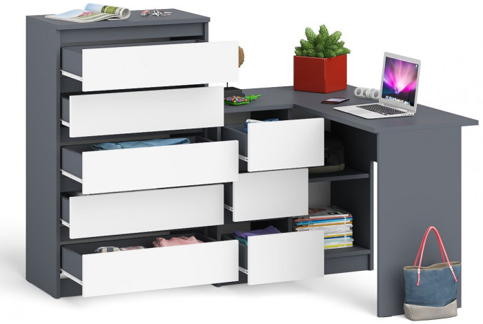 Мори Стол компьютерный МС-16 левый + Комод МК700.5, цвет графит/белый, ШхГхВ 194,8х84,9х114 см., выдвижные ящики слева, НЕ универсальная сборка
