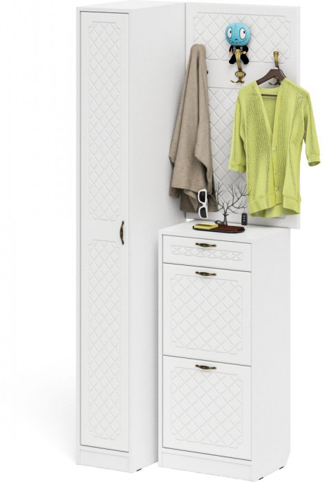 Прихожая П-6 Компоновка № 44, цвет белая шагрень/фасады МДФ белое дерево фрезеровка ромб, ШхГхВ 90х50х220 см., универсальная сборка