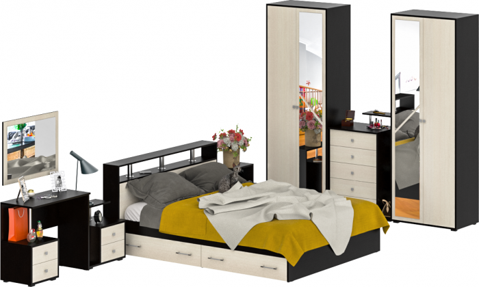 Камелия спальня № 10 Кровать с ящиками 1600 + Две тумбы + Стол косм. + Зеркало + Комод + Шкаф, венге/дуб лоредо