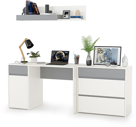 Торонто 12.149 Стол + 13.321 Комод + 16.475 Полка, цвет белый шагрень/стальной серый, ШхГхВ 200х53,1х150 см., универсальная сборка